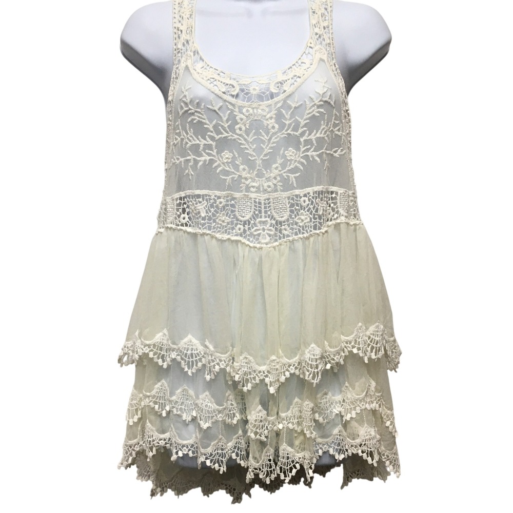 Lace Mesh Tiered Tank Top Women's Small/Medium Cream Boho Fairycore